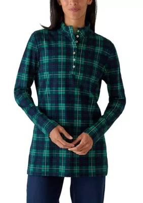 Long Sleeve Henley Mock Tunic Plaid Print Top by Kim Rogers