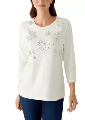 3/4 Sleeve Crew Neck Snowflake Print Sequin Top by Kim Rogers