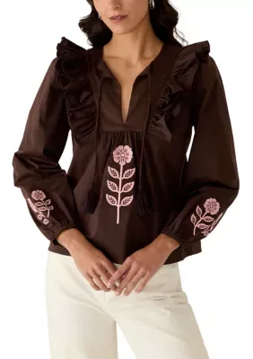 3/4 Sleeve Embroidered Tassel Peasant Top by Sail to Sable