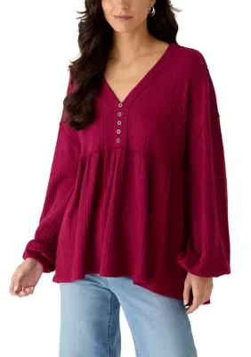 Long Blouson Sleeve Thermal Henley Shirt by Wonderly