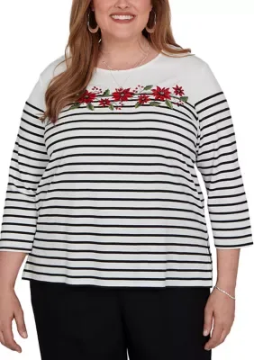 Classic Striped Shirt with Poinsettia Embroidery by Alfred Dunner