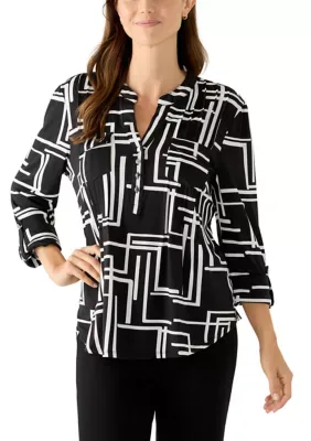 3/4 Sleeve Classic Printed Henley Top by Cocomo