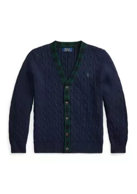 Plaid-Trim Cable Cotton Cardigan by Ralph Lauren