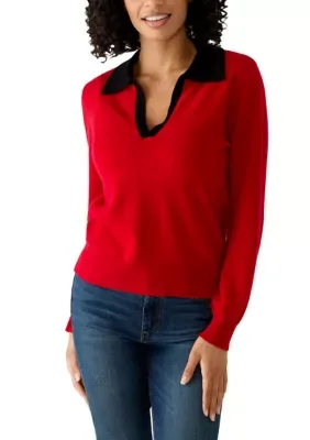 Long Sleeve Tipped Johnny Collar Cashmere Sweater by Magaschoni
