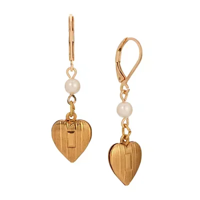 Gold Tone Faux Pearl Heart Drop Earrings by 1928 Jewelry