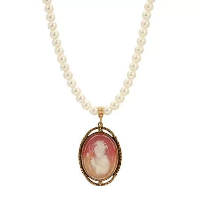 Gold Tone Multi-Color Cameo Faux Pearl Necklace 15 Adj