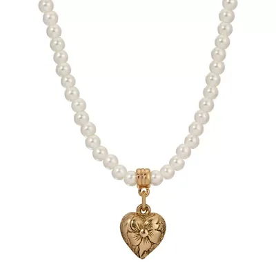 Faux Pearl Heart Pendant Necklace 15 Adj by 1928 Jewelry