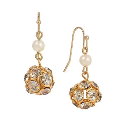 Faux Pearl Gold Bead with Blue Crystals Earring by 1928 Jewelry