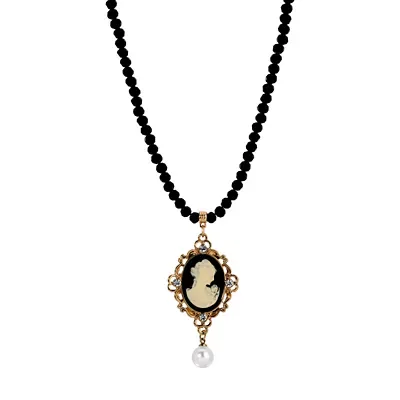 Gold Tone Black Cameo Oval Pendant Drop Bead Necklace 15 Adj by 1928 Jewelry