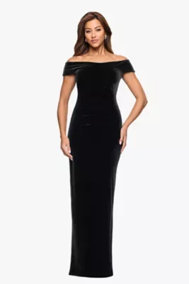 Long Velvet Off the Shoulder Rouched Waist by Xscape