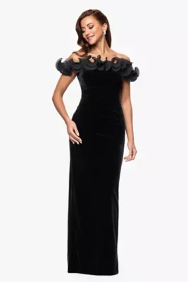Long Velvet Off the Shoulder Ruffle Wire by Xscape