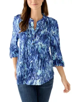 3/4 Sleeve Classic Printed Henley Top by Cocomo