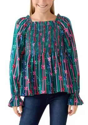 Long Sleeve Smocked Bow Top by Crown & Ivy
