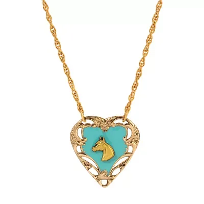 Gold Tone Turquoise Horse Head Heart Necklace 16" by 1928 Jewelry