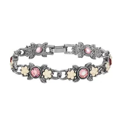 Silver Tone Lt Purple Stone & Faux Pearl Bracelet 7.5" by 1928 Jewelry