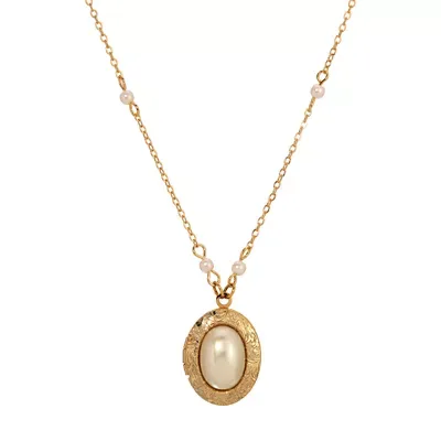 Gold Tone Oval Faux Pearl Locket Necklace 20" by 1928 Jewelry