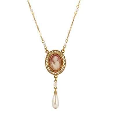 Gold Tone Cameo Teardrop Faux Pearl Necklace 15" Adj