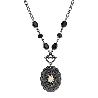 Jet Tone Black Flower Cameo Necklace 18" Adj by 1928 Jewelry