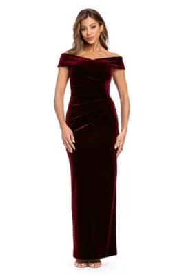 Long Velvet Off the Shoulder Ruched Waist Dress by Xscape