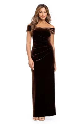 Long Velvet Off the Shoulder Ruched Waist Dress