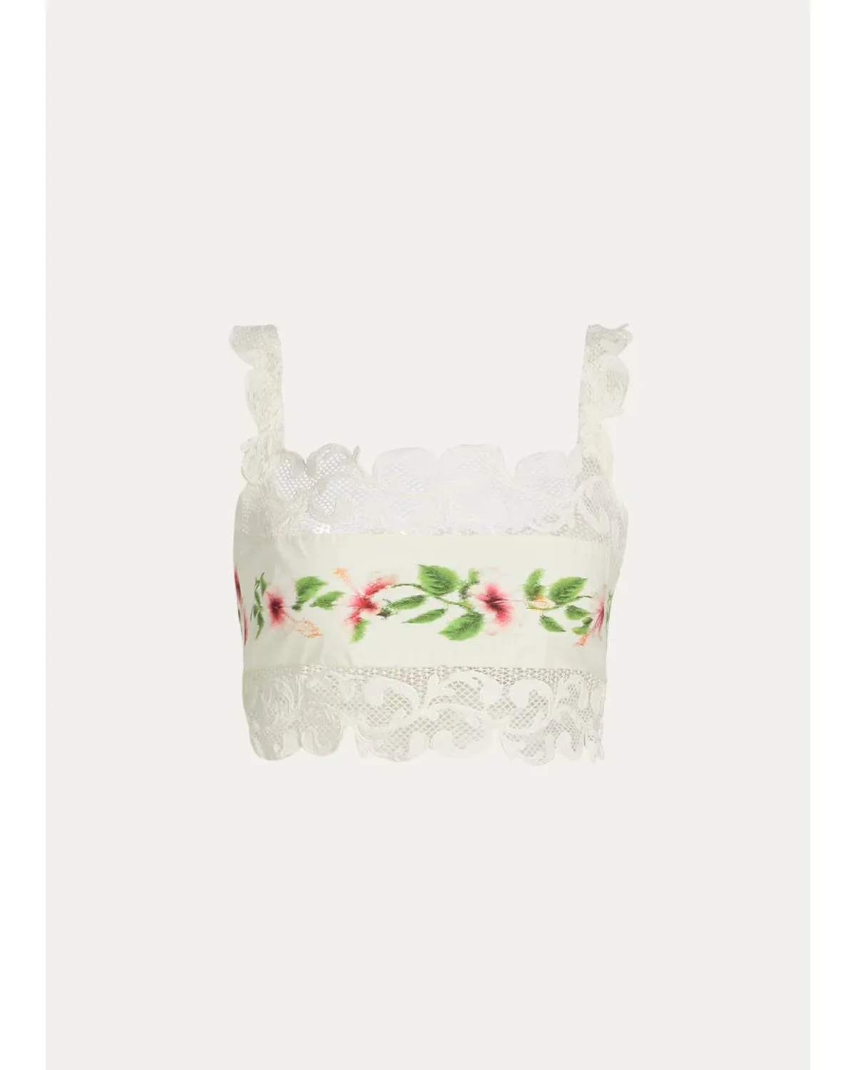 Sleeveless Chine Hibiscus-Print Lace-Trim Crop Top by Oscar de la Renta