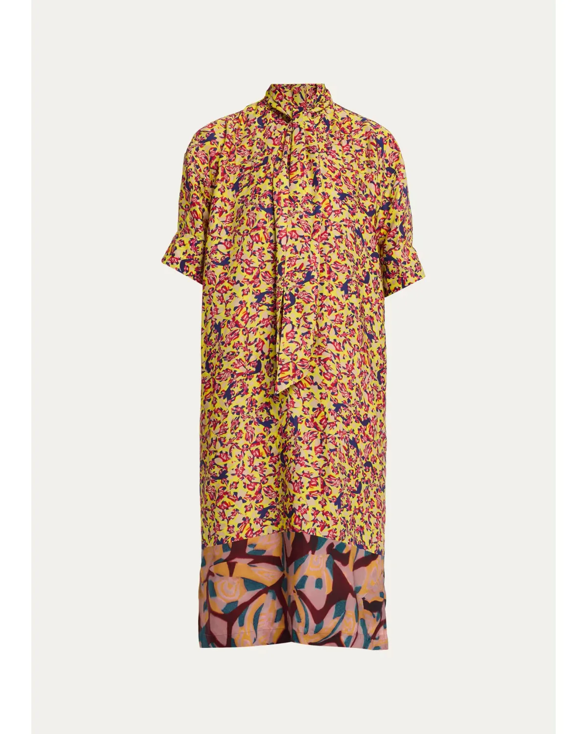 Dalma Marbled Short-Sleeve Neck-Scarf Midi Dress by Dries Van Noten
