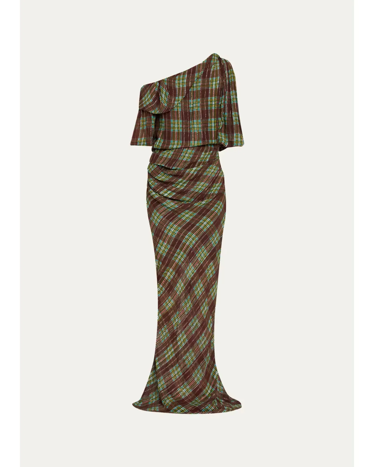 Metallic Check De Chine Off-The-Shoulder Gown by Dries Van Noten