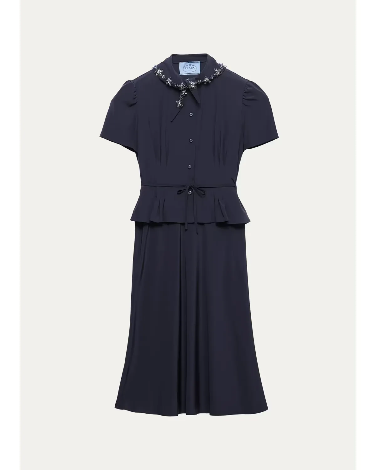 Embellished Scarf-Neck Short-Sleeve Peplum Midi Dress by Prada
