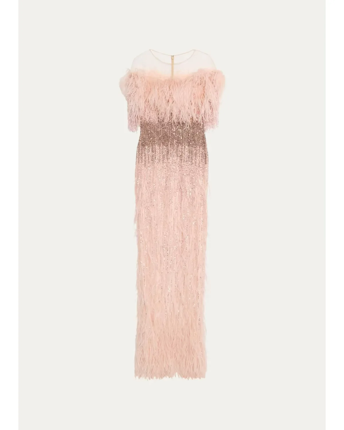 Feather Beaded Off-The-Shoulder Illusion Column Gown