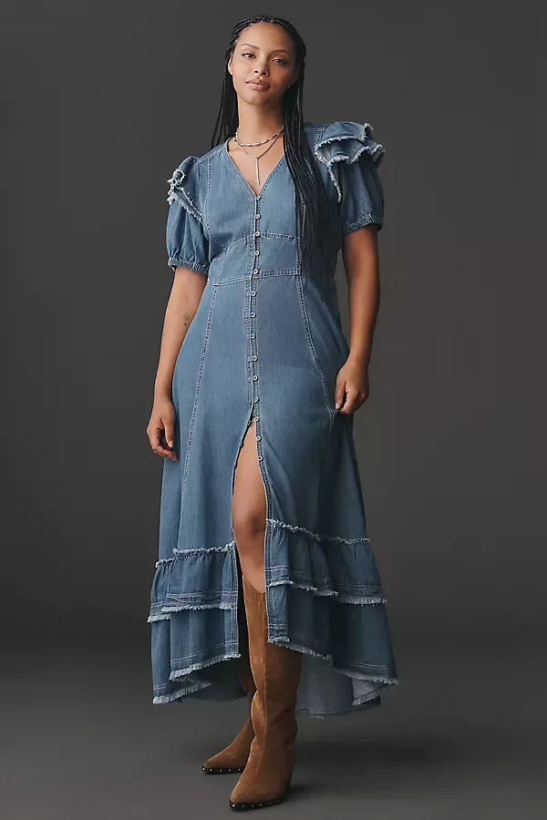 Short Sleeve Ruffled Midi Shirtdress by Pilcro