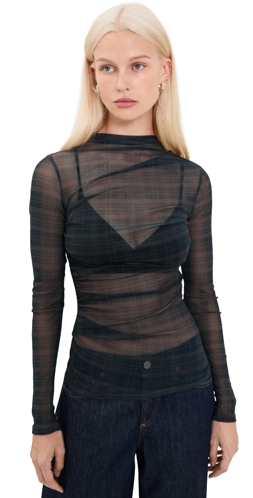 Mesh Long Sleeve Twist Top in Plaid by Enza Costa