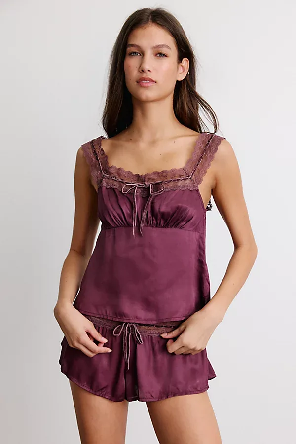 Mia Ribbon + Lace Trim Satin 2-Piece PJ Set Top