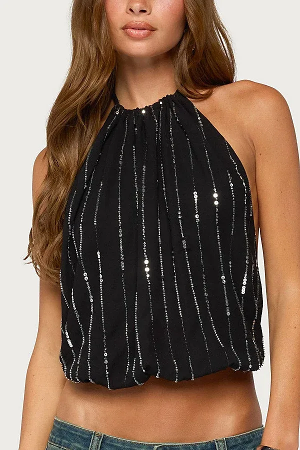 Neala Backless Sequin Chiffon Halter Top