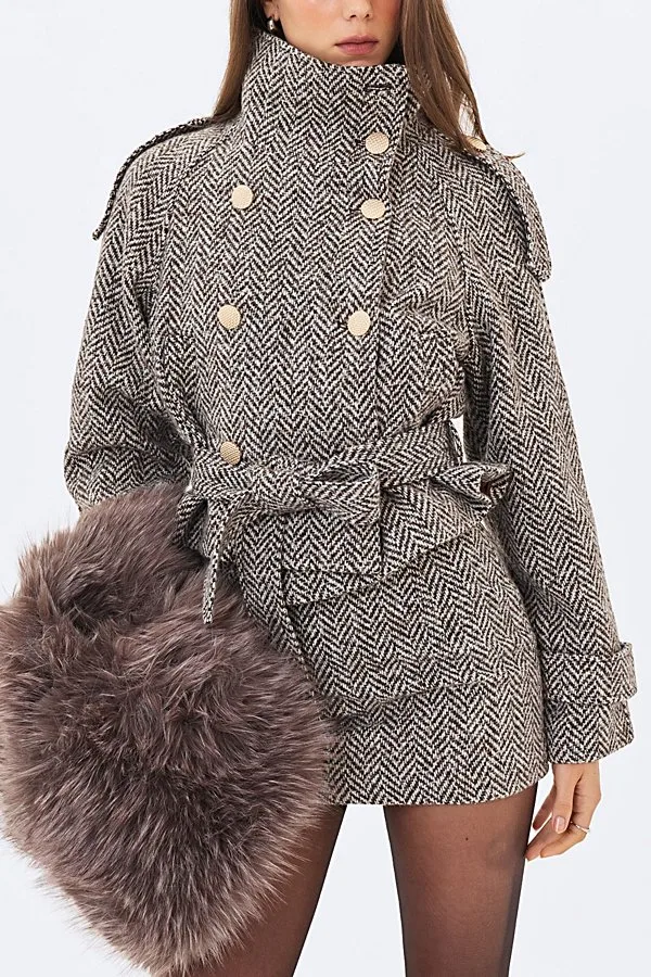 Sadie Herringbone High Collar Belted Mini Jacket by Miss Circle