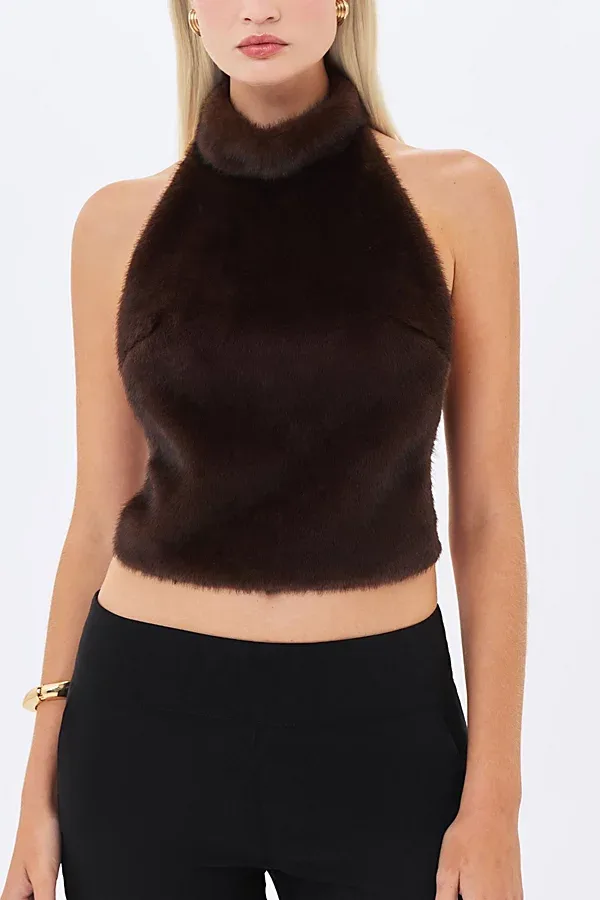 Xeriah Faux Mink Fur Backless Halter Top - Brass by Miss Circle