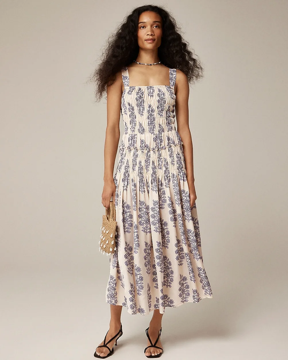 Smocked-Bodice Midi Dress in Blooming Lilac Block Print