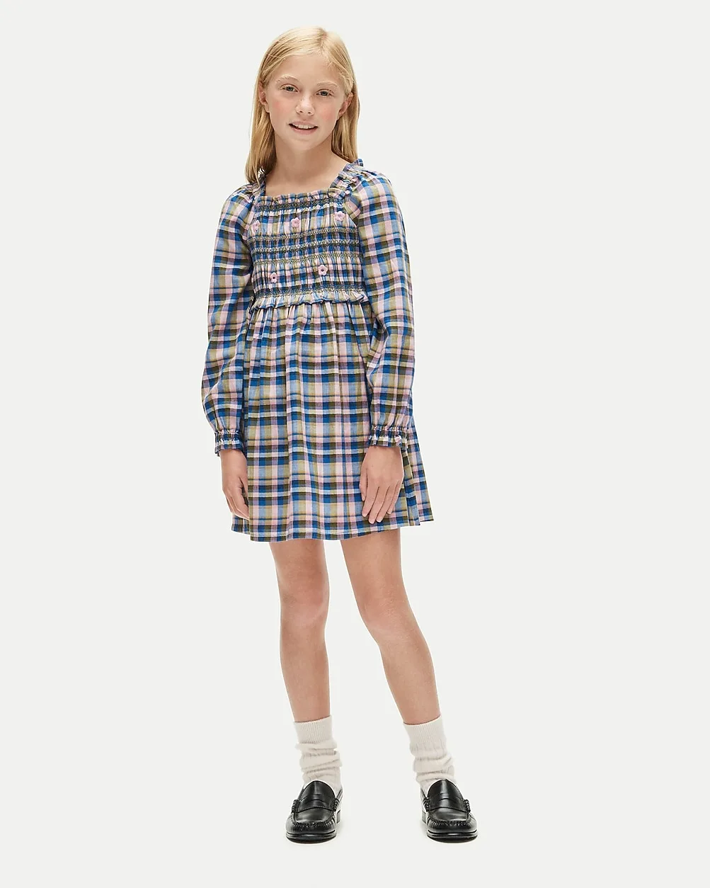 Smocked Long-Sleeve Dress in Flannel Print by J.Crew