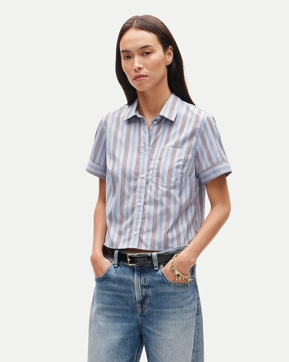 Cropped Button-Up Short-Sleeve Shirt in Striped Poplin by J.Crew