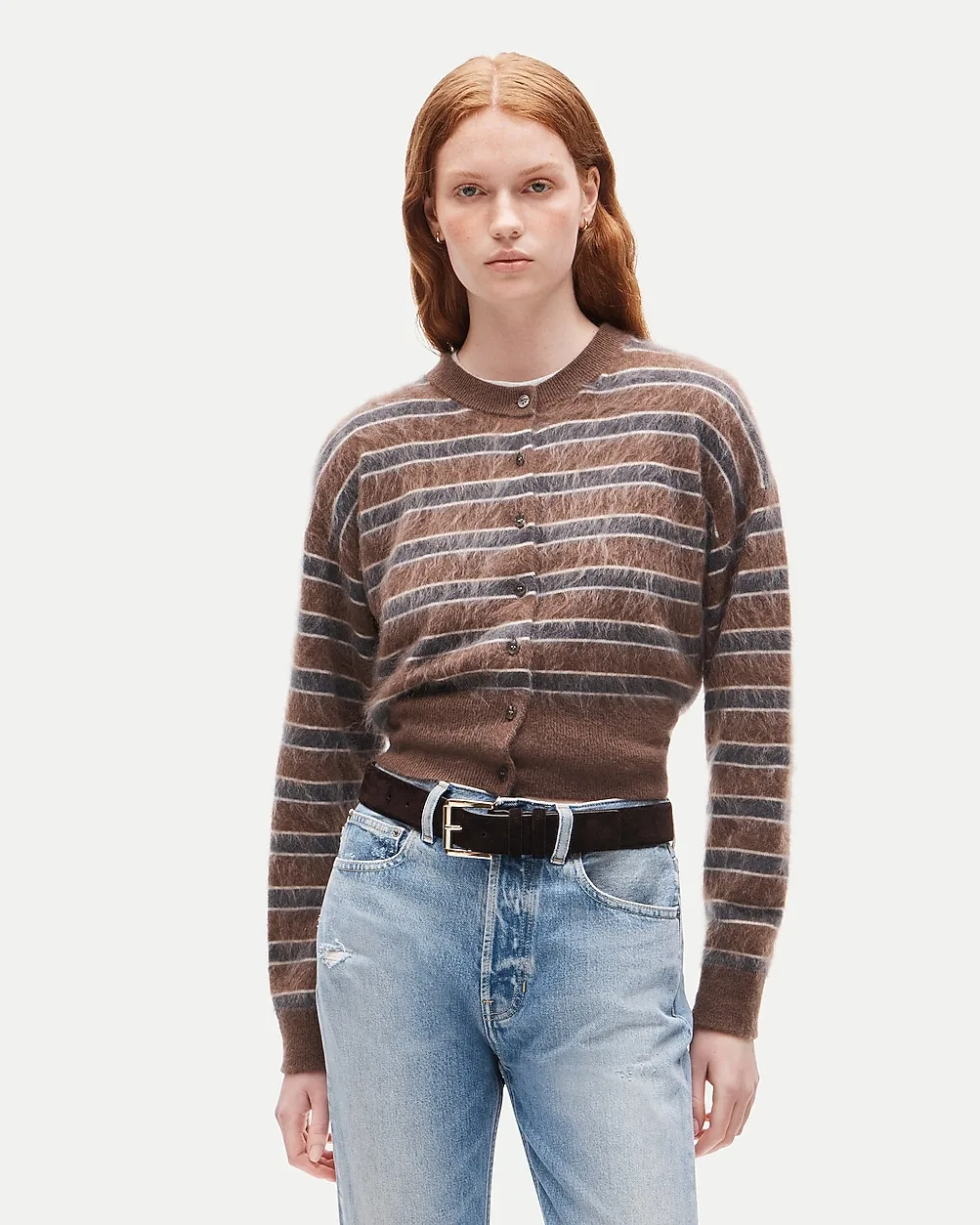 Brushed Cashmere Waisted Cardigan in Stripe