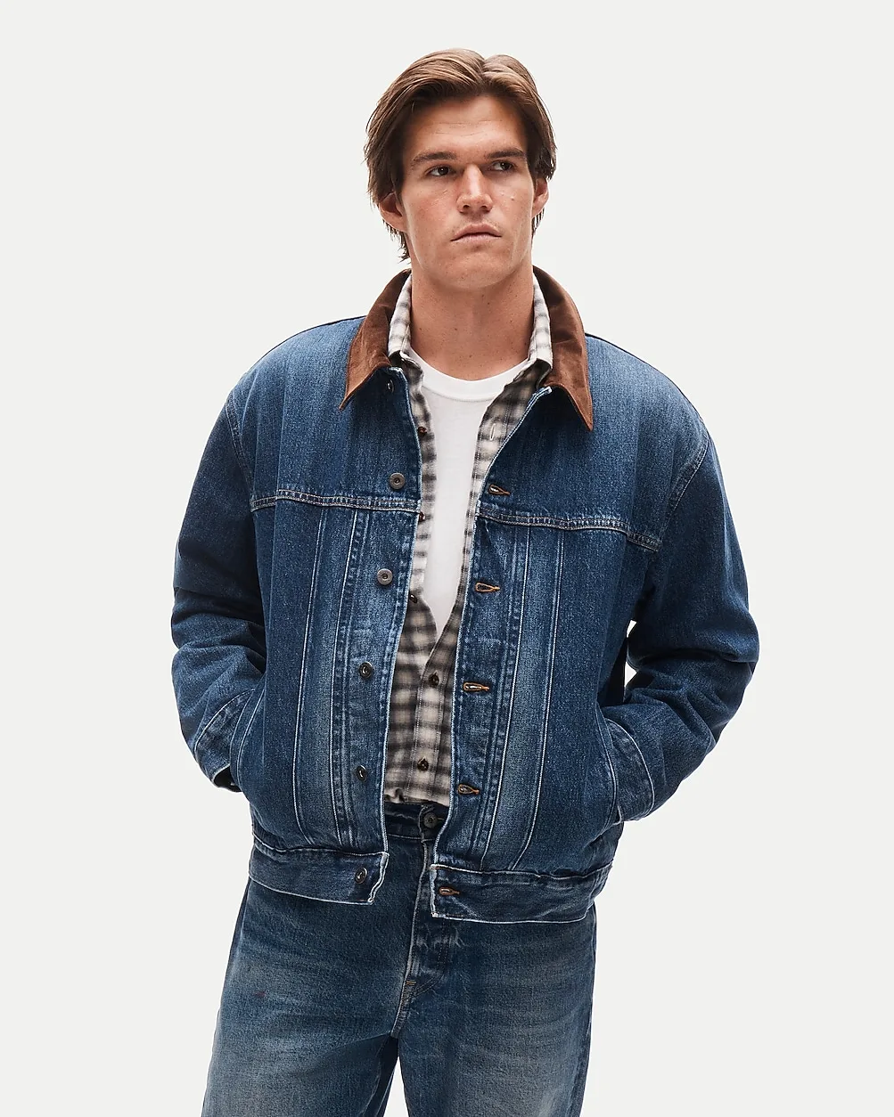 Suede-Collar Lined Denim Jacket