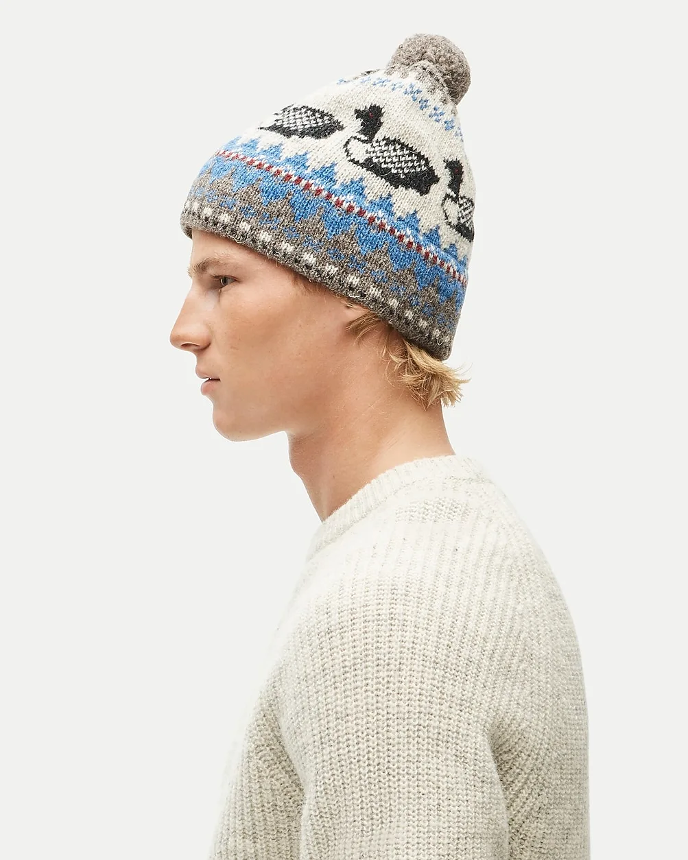 Wallace & Barnes Duck Pattern Pom Beanie in Wool by J.Crew