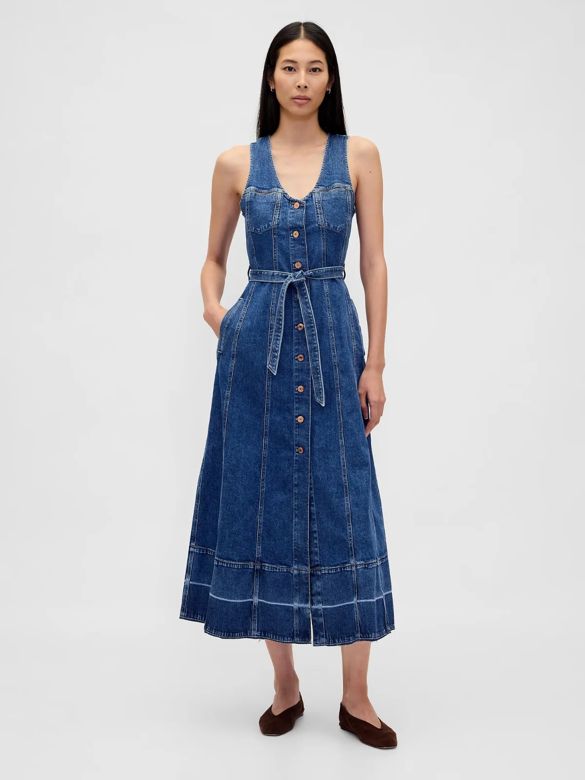 Denim Belted Button-Front Maxi Dress by Gap