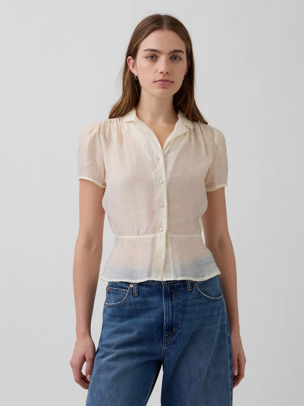 Sheer Button-Front Peplum Top by Gap