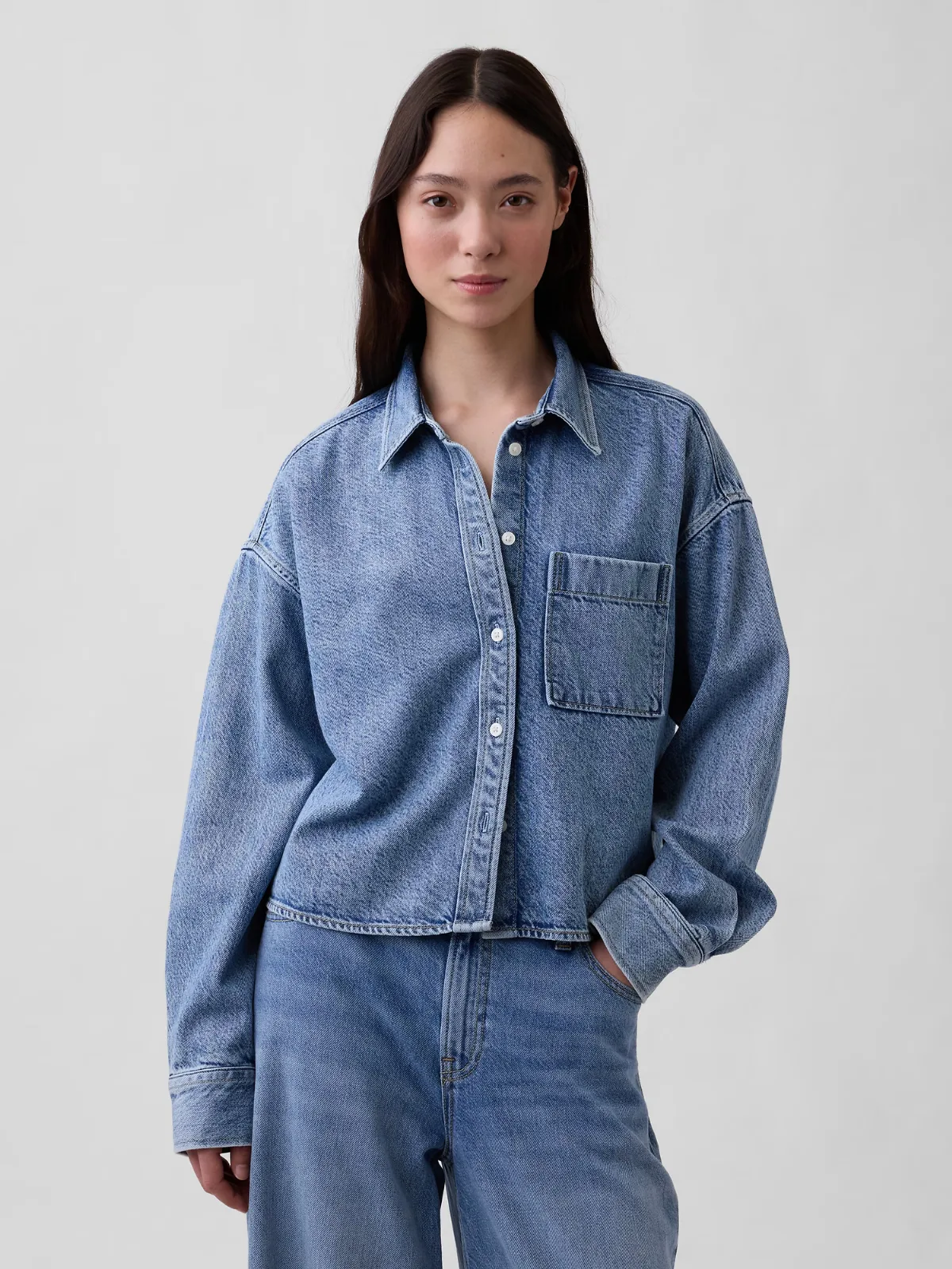 UltraSoft Denim Oversized Straight-Hem Crop Shirt by Gap