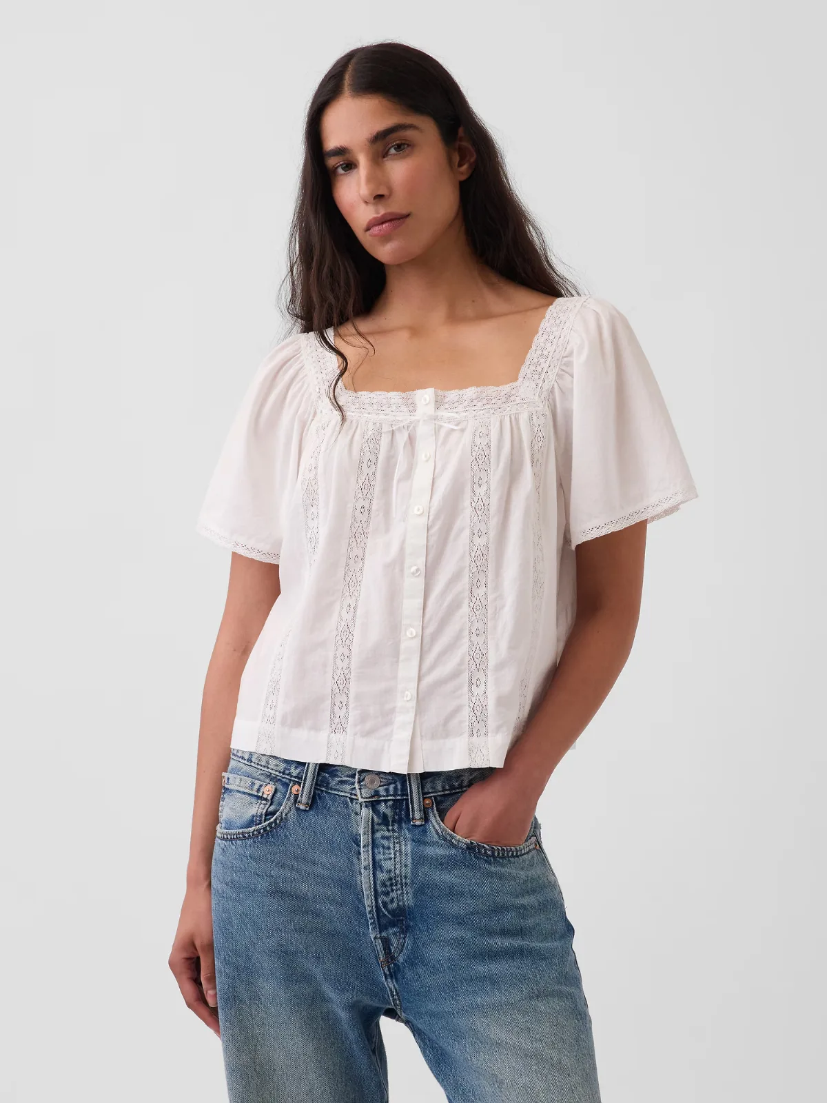 Lace-Trim Square-Neck Swing Top by Gap