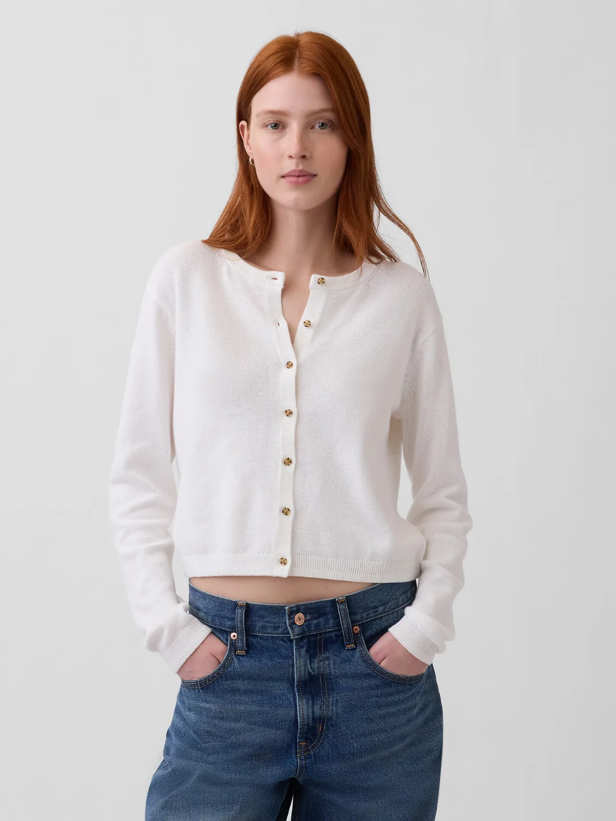 100% Cotton Relaxed Crop Cardigan Sweater by Gap