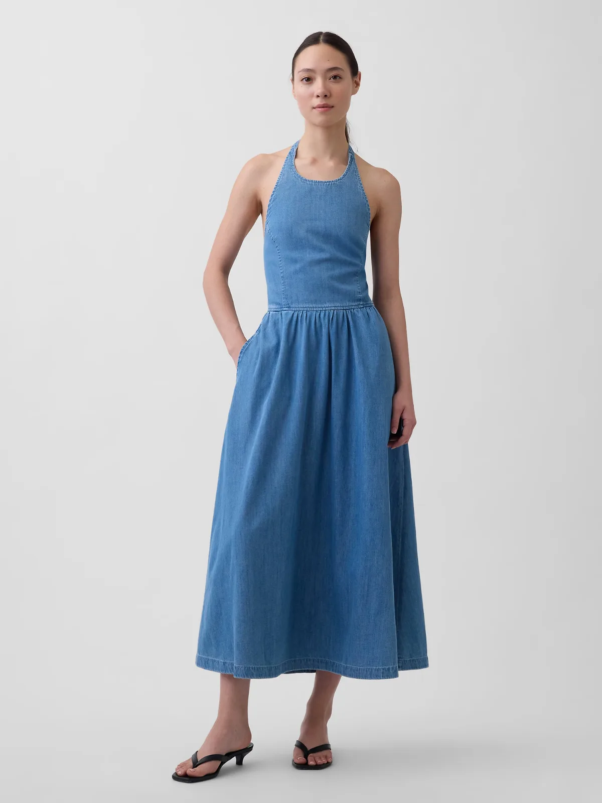 Denim Tie-Back Halter Maxi Dress by Gap