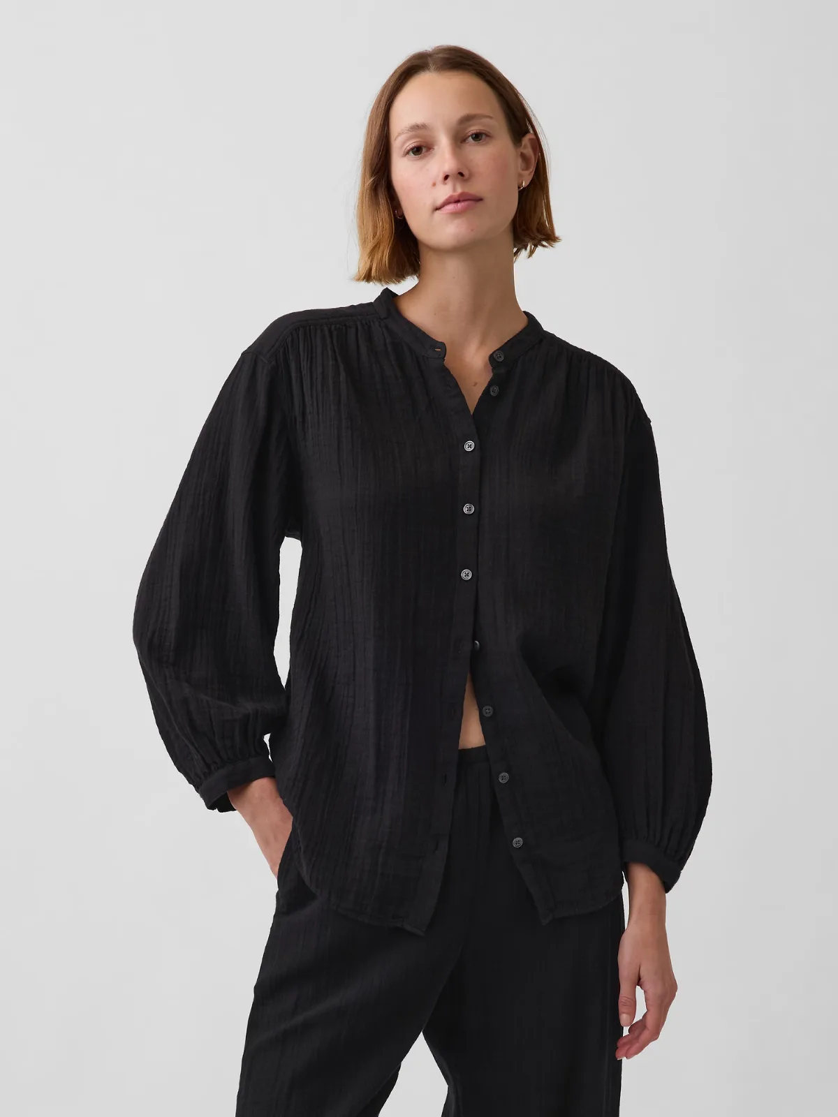 Cotton Gauze Oversized Collarless Shirt by Gap