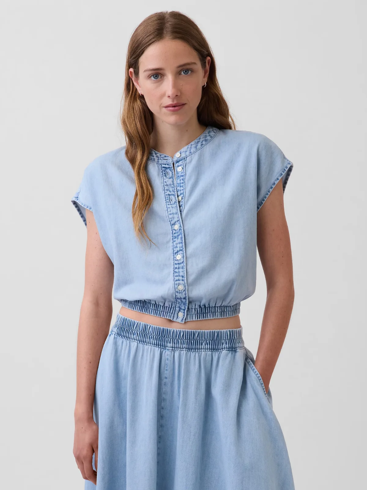 Denim Cap-Sleeve Crop Button-Front Top by Gap