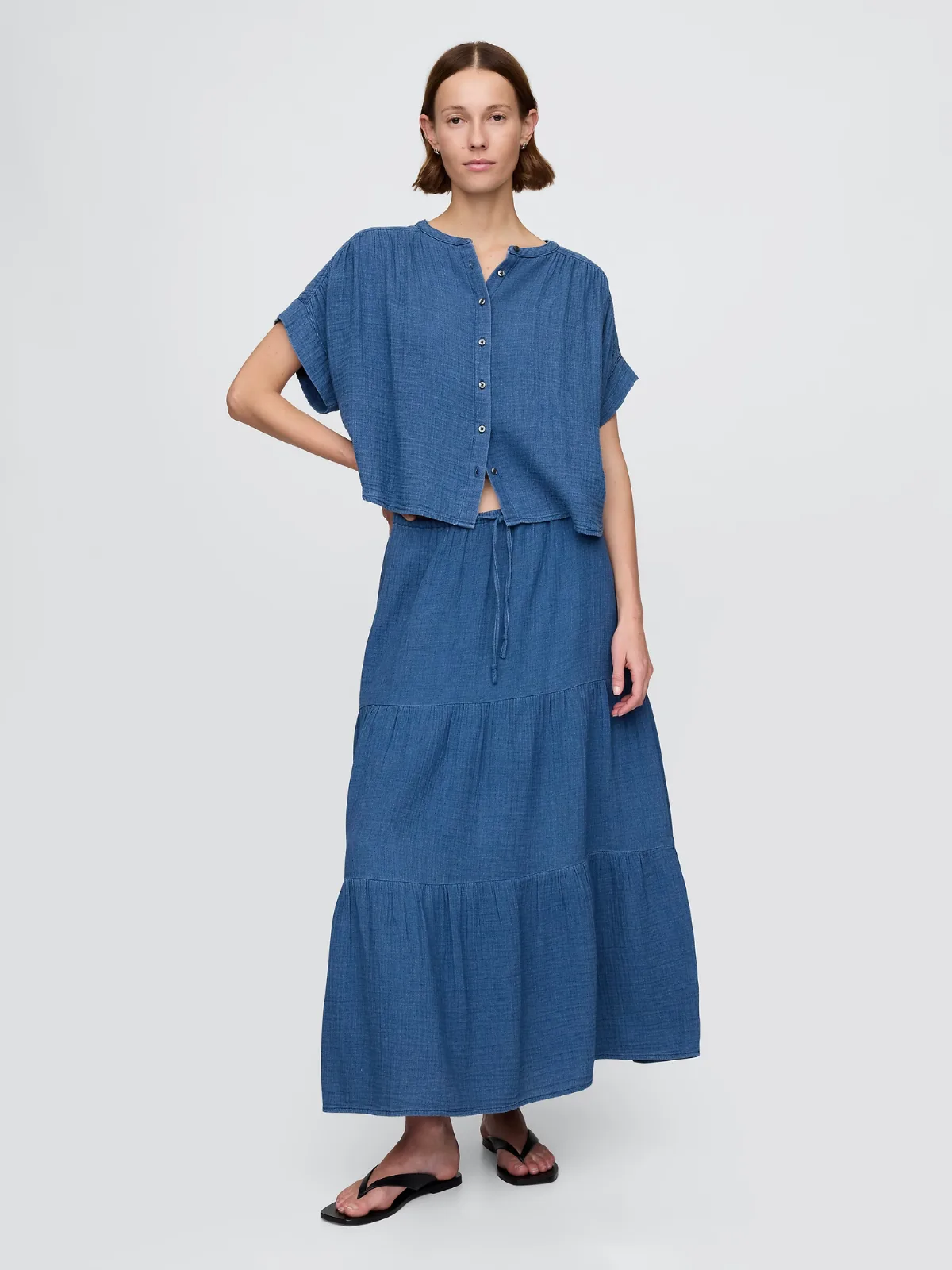 Cotton Gauze Denim Tiered Maxi Skirt by Gap